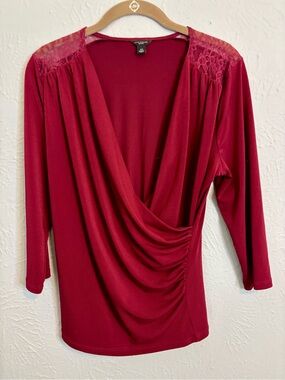Ann Taylor Draped V-Neck Lace Shoulder Top - Deep Red